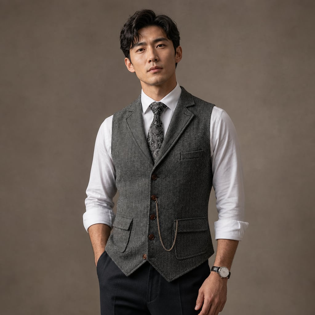 Herringbone Waistcoat Structured Lapel Chain Detail in Gray – Tarlano Premium Menswear