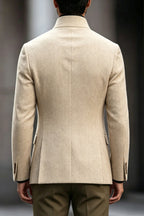 Alderon | Herringbone Blazer Stand Collar Beige – Styled Editorial Shot