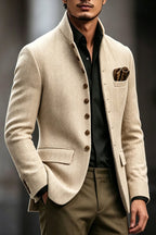 Alderon | Herringbone Blazer Stand Collar Beige – Product Photo