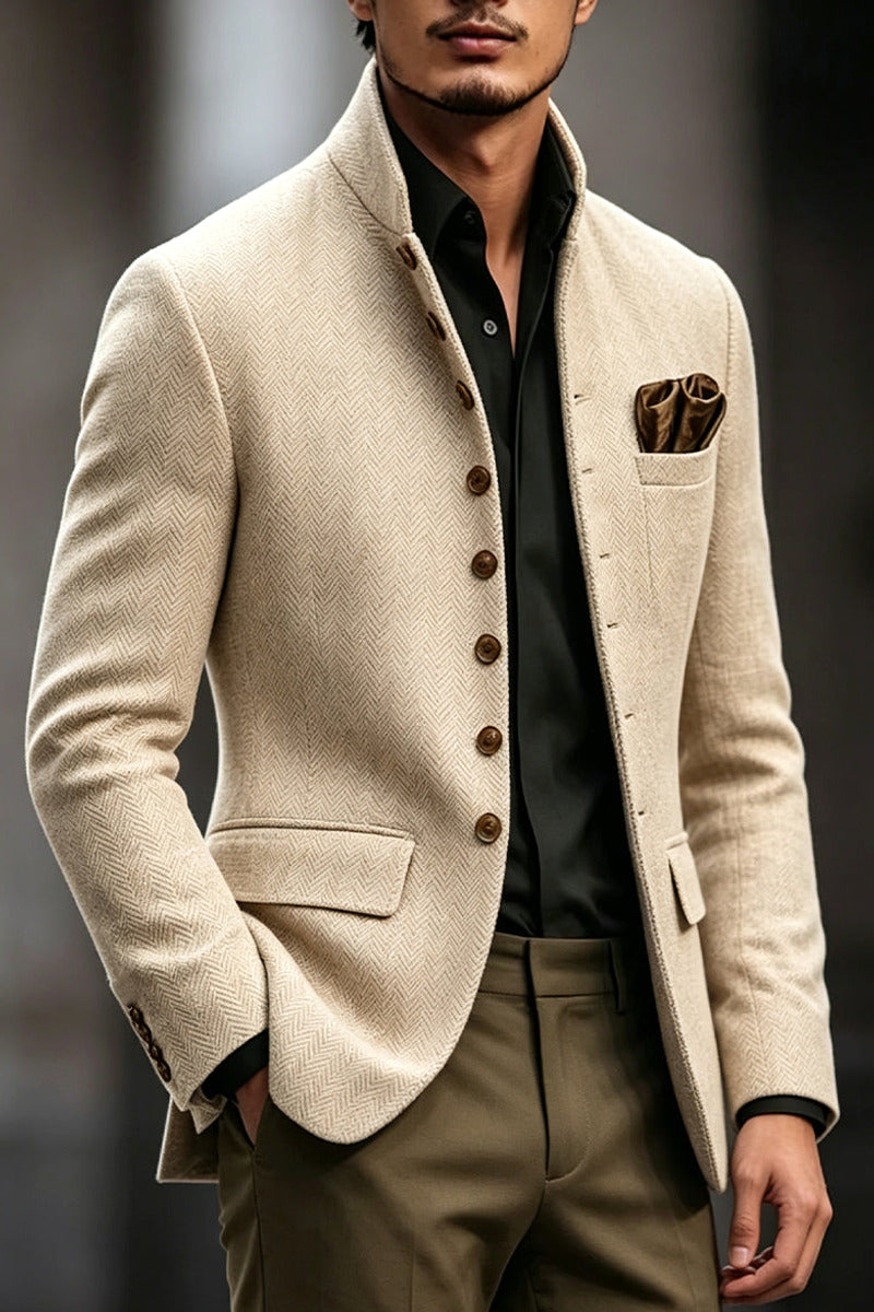 Alderon | Herringbone Blazer Stand Collar Beige – Product Photo