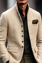 Alderon | Herringbone Blazer Stand Collar Beige – Premium Editorial