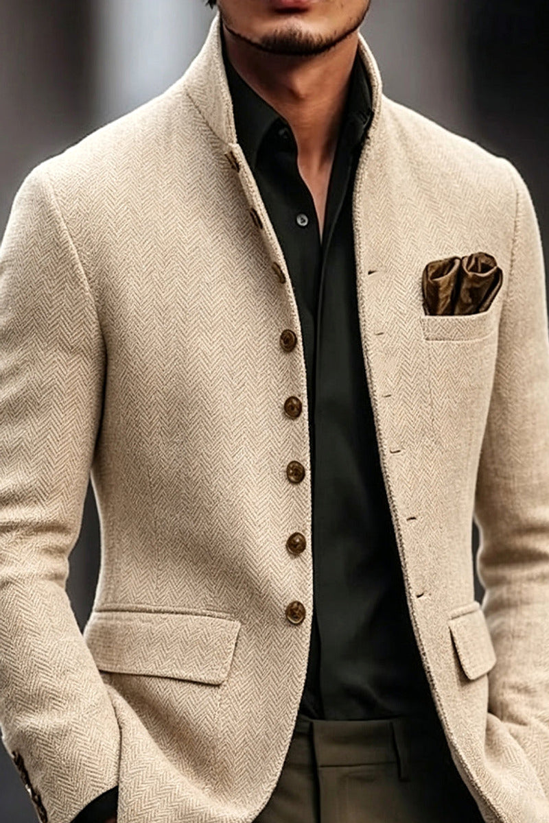 Alderon | Herringbone Blazer Stand Collar Beige – Premium Editorial