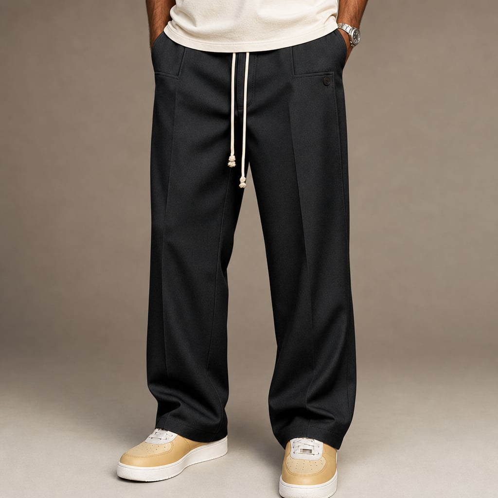 Cargo Pants Wide Leg Cotton Drawstring Waist Black – Product Photo