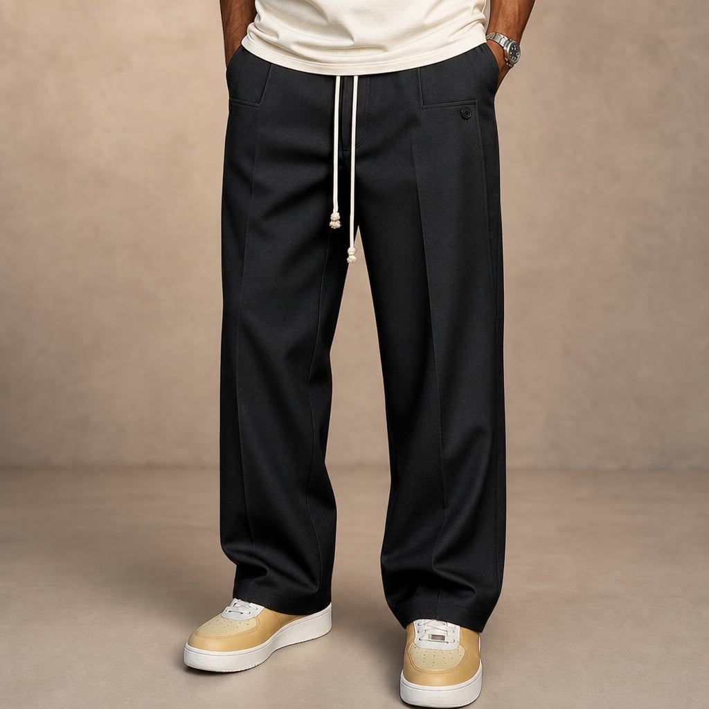 Cargo Pants Wide Leg Cotton Drawstring Waist in Black – Tarlano Premium Menswear