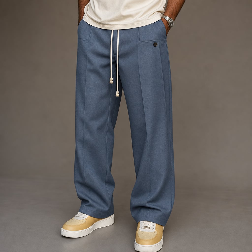 Cargo Pants Wide Leg Cotton Drawstring Waist Blue – Product Photo