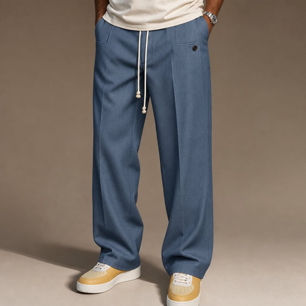 Cargo Pants Wide Leg Cotton Drawstring Waist in Blue – Tarlano Premium Menswear