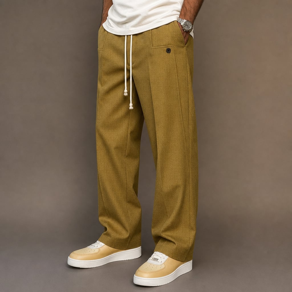Cargo Pants Wide Leg Cotton Drawstring Waist Khaki – Side Angle View