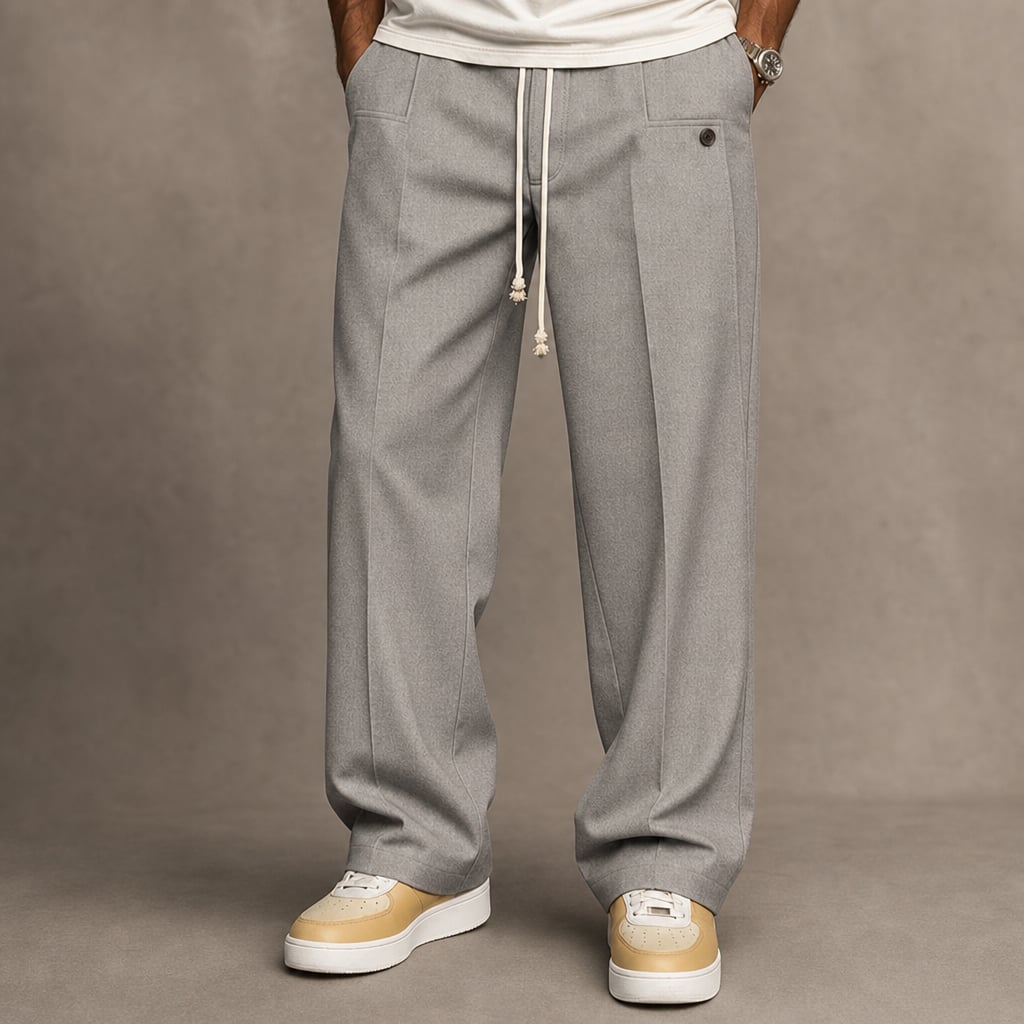 Cargo Pants Wide Leg Cotton Drawstring Waist Light Gray – Product Photo