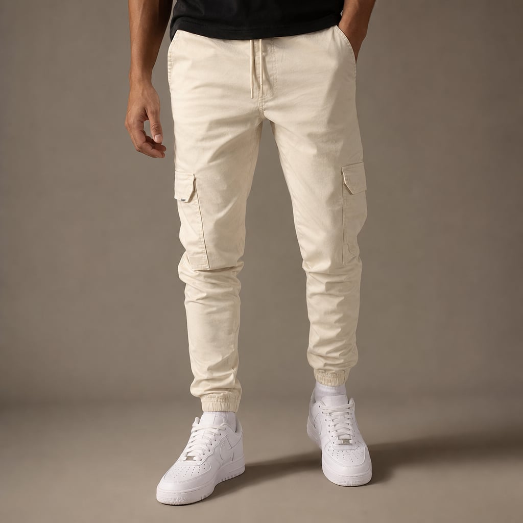 Cargo Pants Cotton Blend Jogger Drawstring Waist Beige – Product Photo