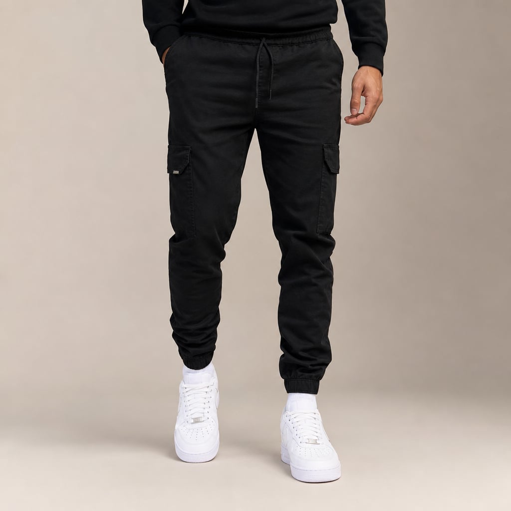 Cargo Pants Cotton Blend Jogger Drawstring Waist Black – Product Photo