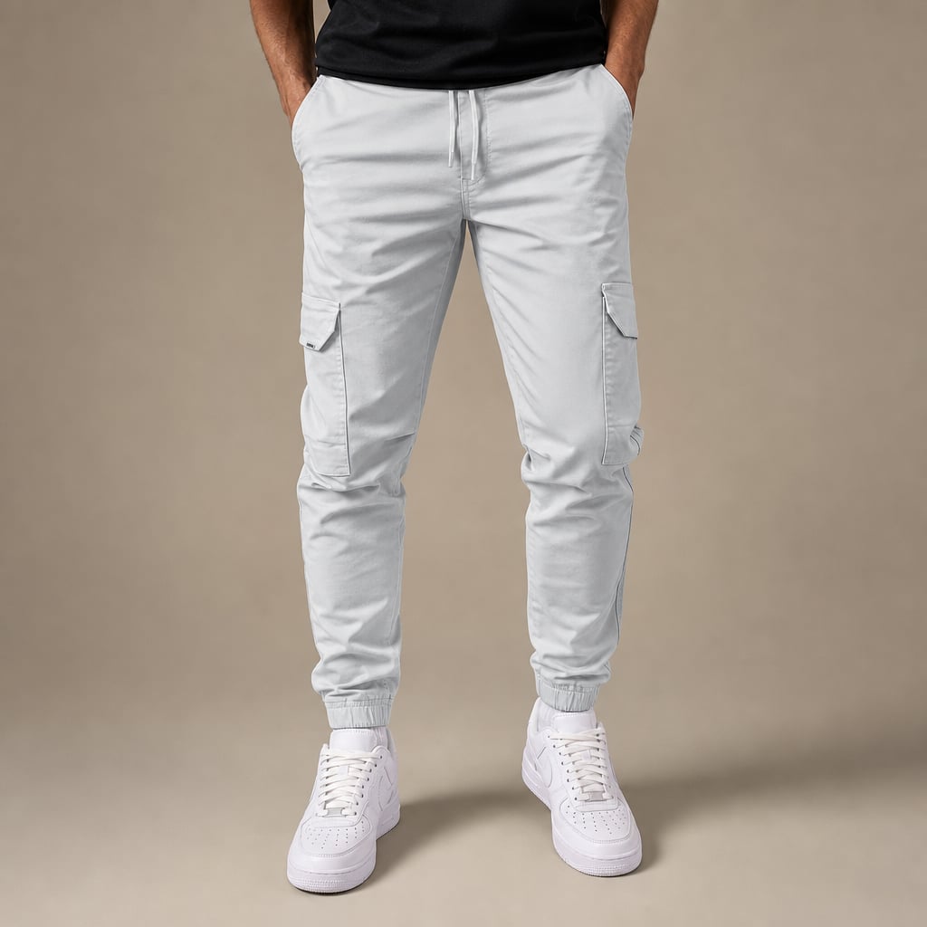 Cargo Pants Cotton Blend Jogger Drawstring Waist Light Gray – Product Photo