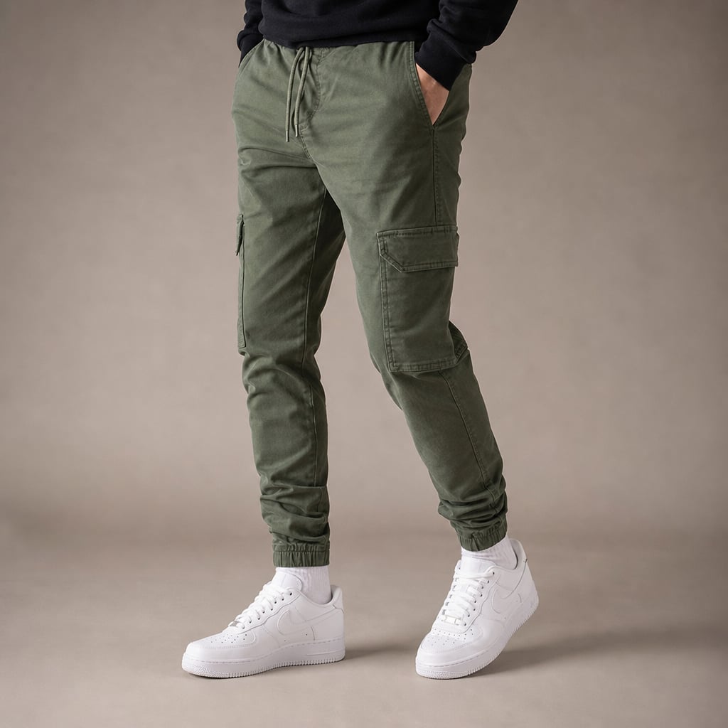 Cargo Pants Cotton Blend Jogger Drawstring Waist Olive Green – Side Angle View