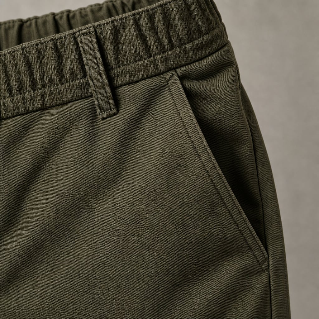 Chino Pants Slim Fit Stretch Army Green – Fabric and Detail Close-Up
