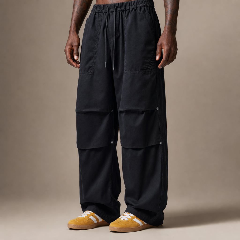 Wide Leg Cargo Pants Drawstring Relaxed Fit Black – Product Photo