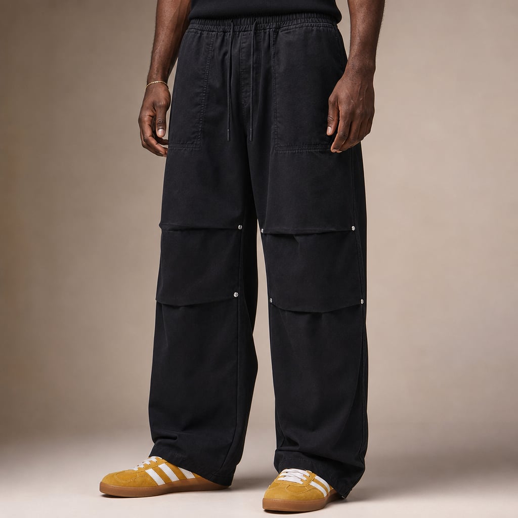 Wide Leg Cargo Pants Drawstring Relaxed Fit in Black – Tarlano Premium Menswear