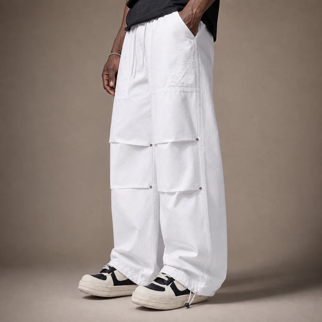 Wide Leg Cargo Pants Drawstring Relaxed Fit White – Side Angle View
