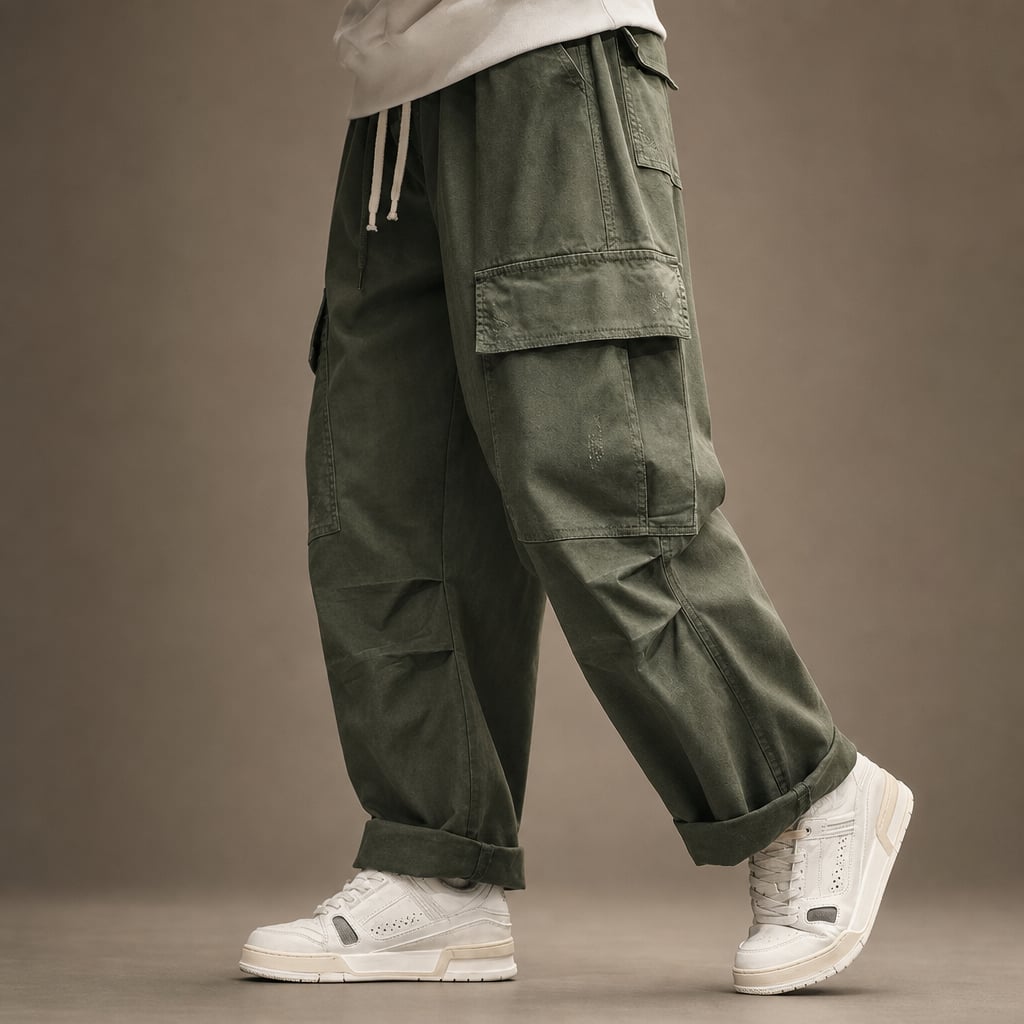 Cargo Pants Wide Leg Relaxed Fit Green – Side Angle View