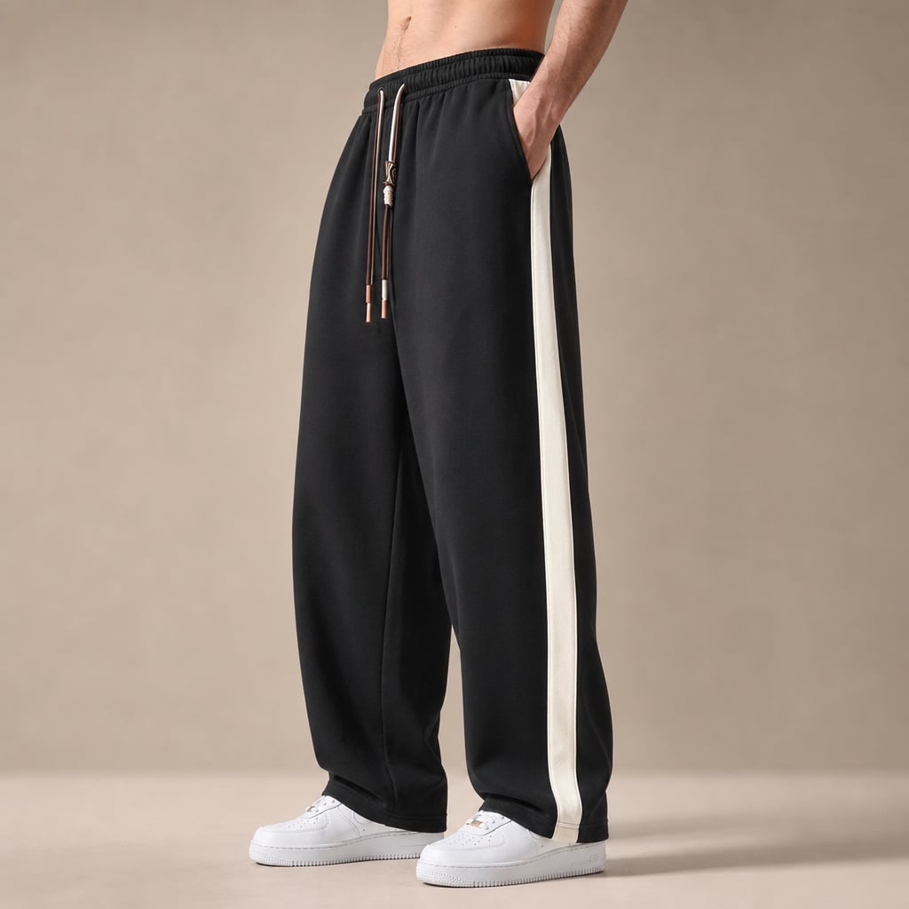 Wide Leg Sweatpants Side Stripe Relaxed Fit Black – Side Angle View