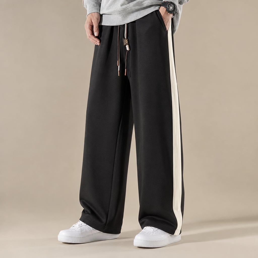Wide Leg Sweatpants Side Stripe Relaxed Fit Black – Product Photo
