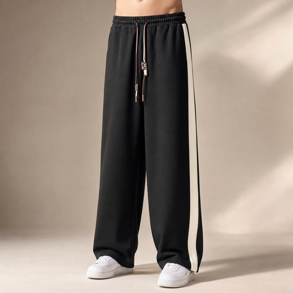 Wide Leg Sweatpants Side Stripe Relaxed Fit in Black – Tarlano Premium Menswear