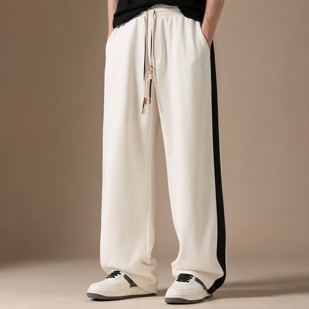 Wide Leg Sweatpants Side Stripe Relaxed Fit Cream – Product Photo
