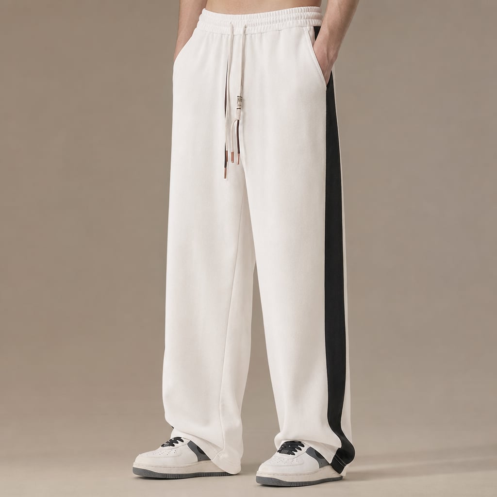 Wide Leg Sweatpants Side Stripe Relaxed Fit in Cream – Tarlano Premium Menswear