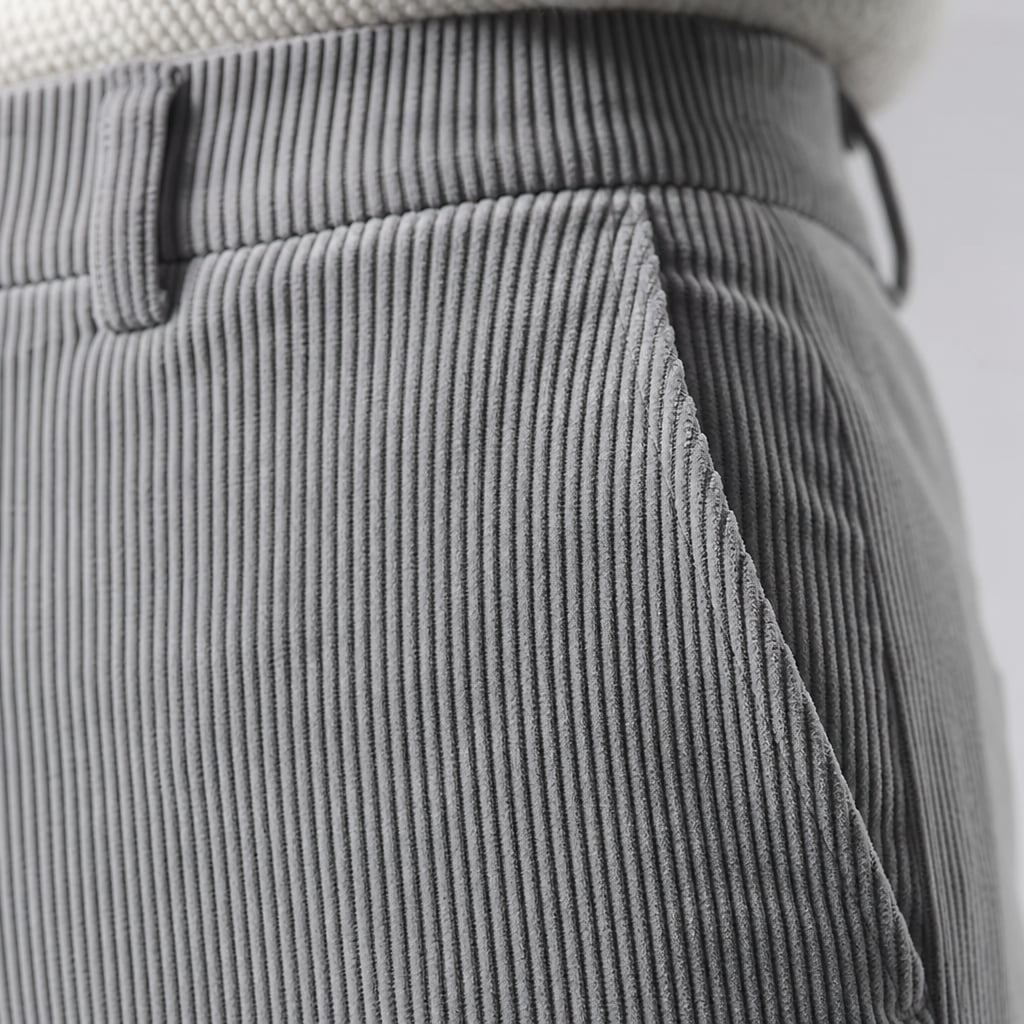 Chino Pants Corduroy Tapered Fit Gray – Fabric and Detail Close-Up
