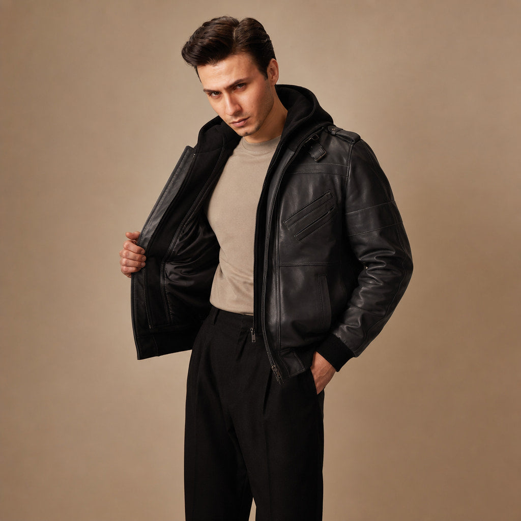 Alpha Black Bomber Leather Jacket with Removable Hood For Men Black – Side Angle View