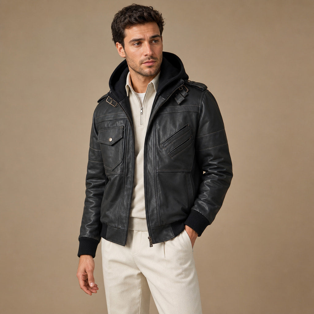 Alpha Black Bomber Leather Jacket with Removable Hood For Men Black – Side Angle View