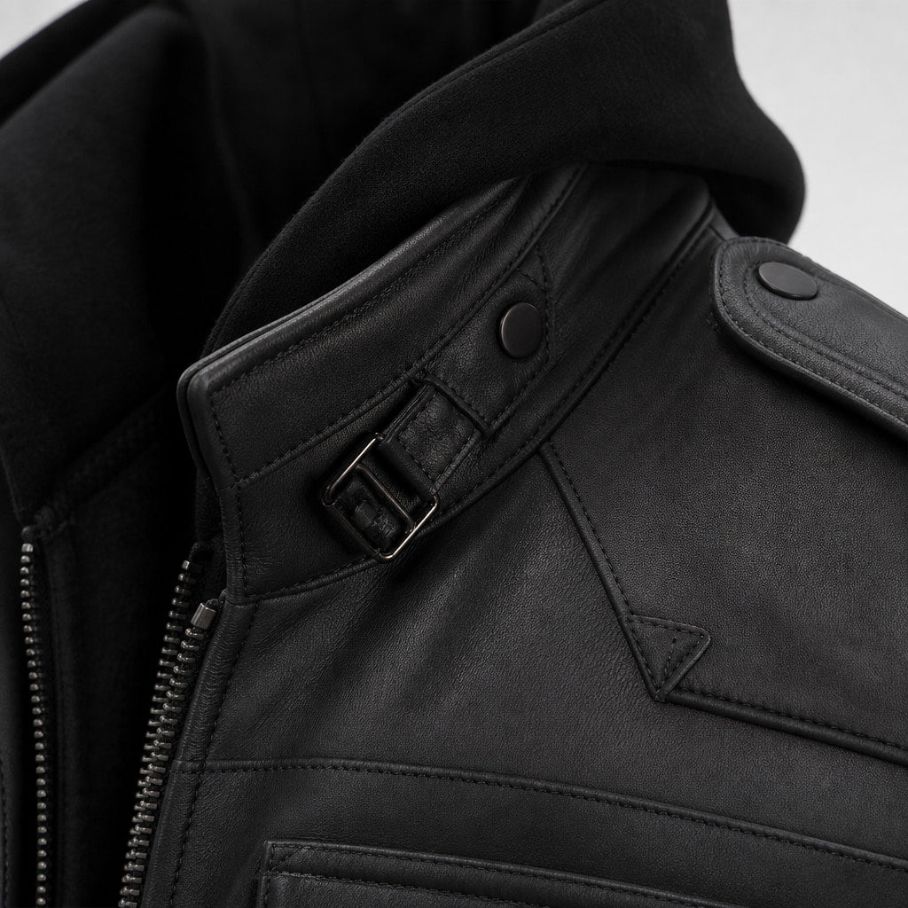 Alpha Black Bomber Leather Jacket with Removable Hood For Men Black – Fabric and Detail Close-Up