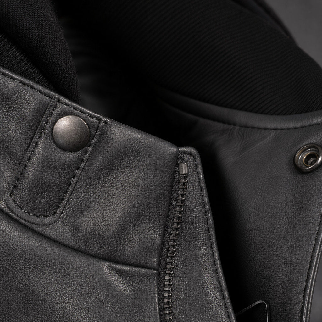 Alpha Black Bomber Leather Jacket with Removable Hood For Men Black – Fabric and Detail Close-Up