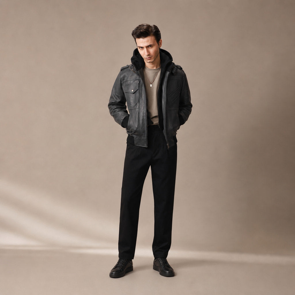 Alpha Black Bomber Leather Jacket with Removable Hood For Men Black – Full Look