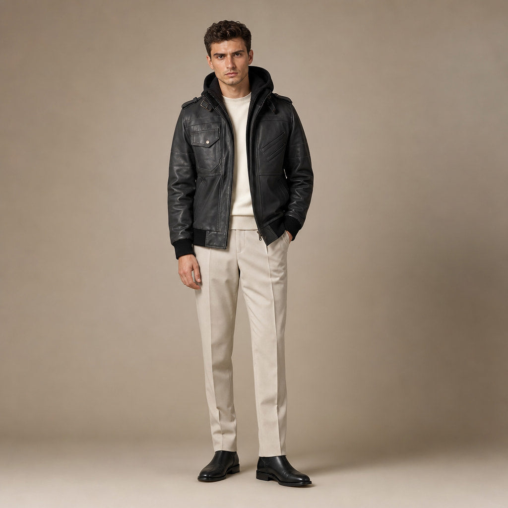 Alpha Black Bomber Leather Jacket with Removable Hood For Men Black – Full Look