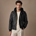 Alpha Black Bomber Leather Jacket with Removable Hood For Men Black – Product Photo