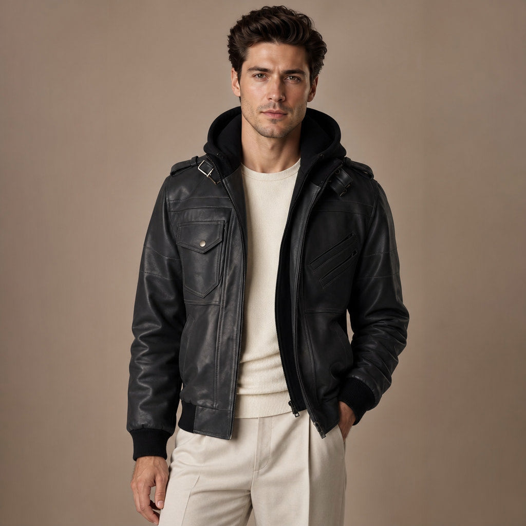 Alpha Black Bomber Leather Jacket with Removable Hood For Men Black – Product Photo