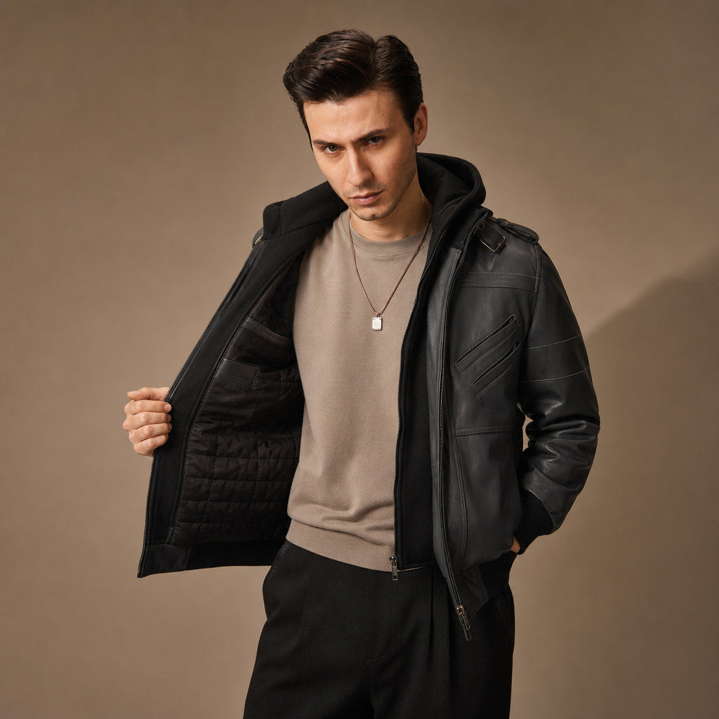 Alpha Black Bomber Leather Jacket with Removable Hood For Men in Black – Tarlano Premium Menswear