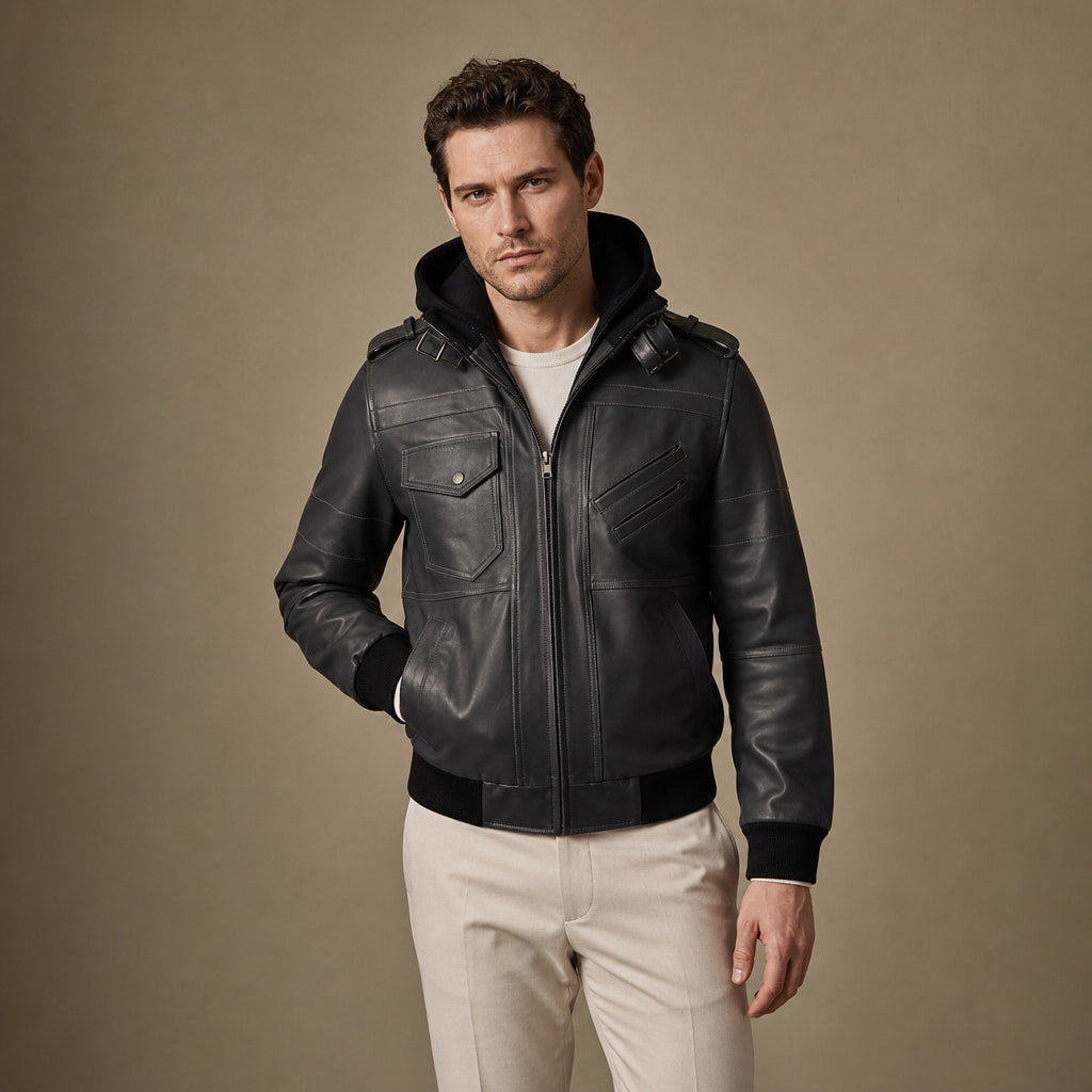 Alpha Black Bomber Leather Jacket with Removable Hood For Men in Black – Tarlano Premium Menswear