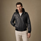 Alpha Black Bomber Leather Jacket with Removable Hood For Men in Black – Tarlano Premium Menswear