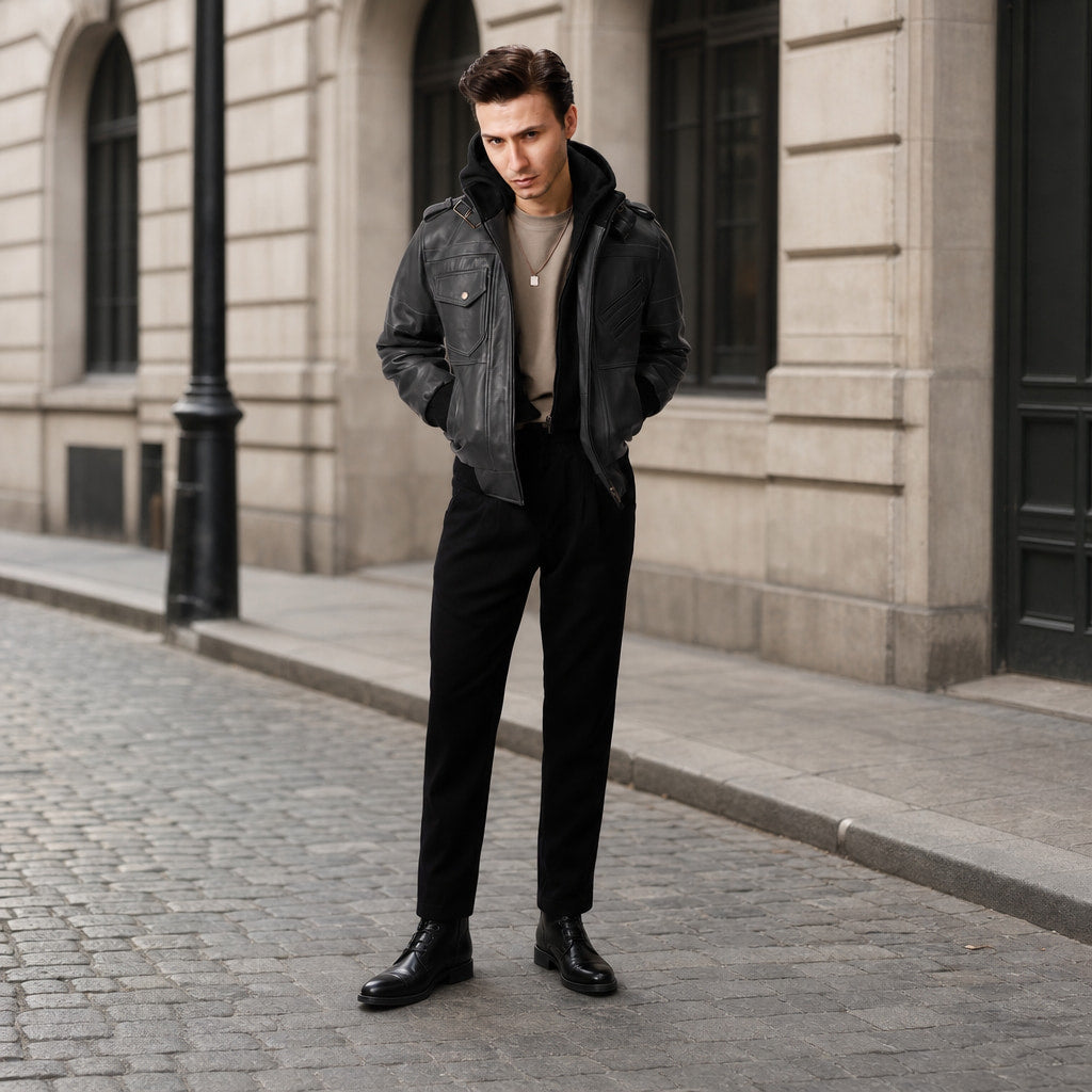 Alpha Black Bomber Leather Jacket with Removable Hood For Men Black – Styled Editorial Shot