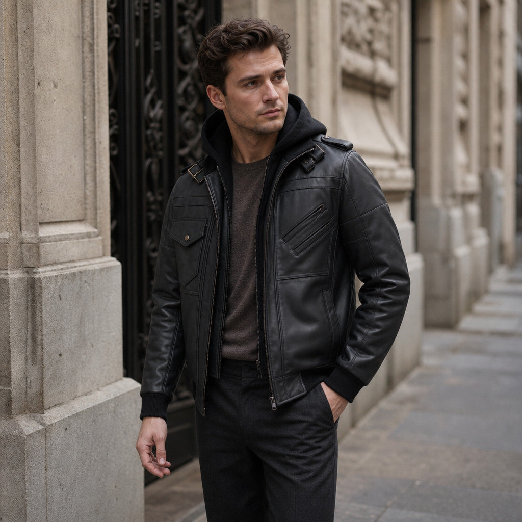 Alpha Black Bomber Leather Jacket with Removable Hood For Men Black – Styled Editorial Shot