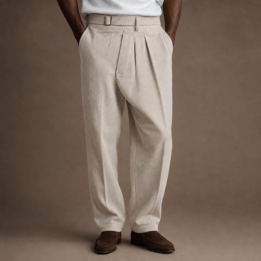 Corduroy Pants Gurkha Double Pleat Side Tab Waistband Beige – Product Photo