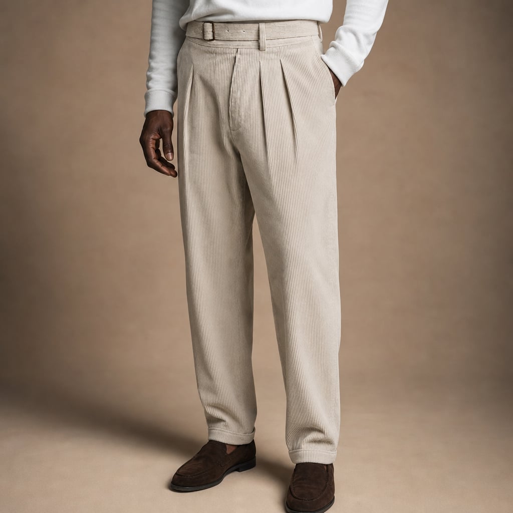 Corduroy Pants Gurkha Double Pleat Side Tab Waistband in Beige – Tarlano Premium Menswear