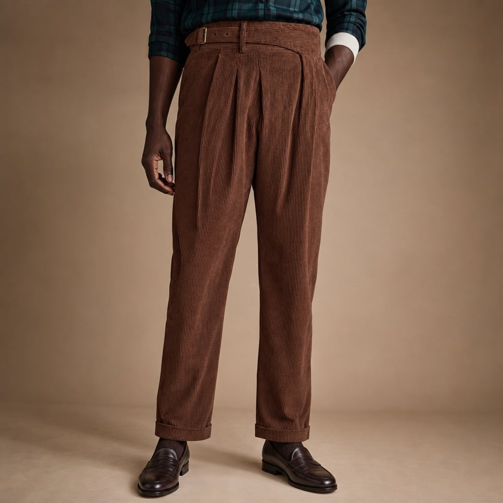 Corduroy Pants Gurkha Double Pleat Side Tab Waistband Brown – Product Photo