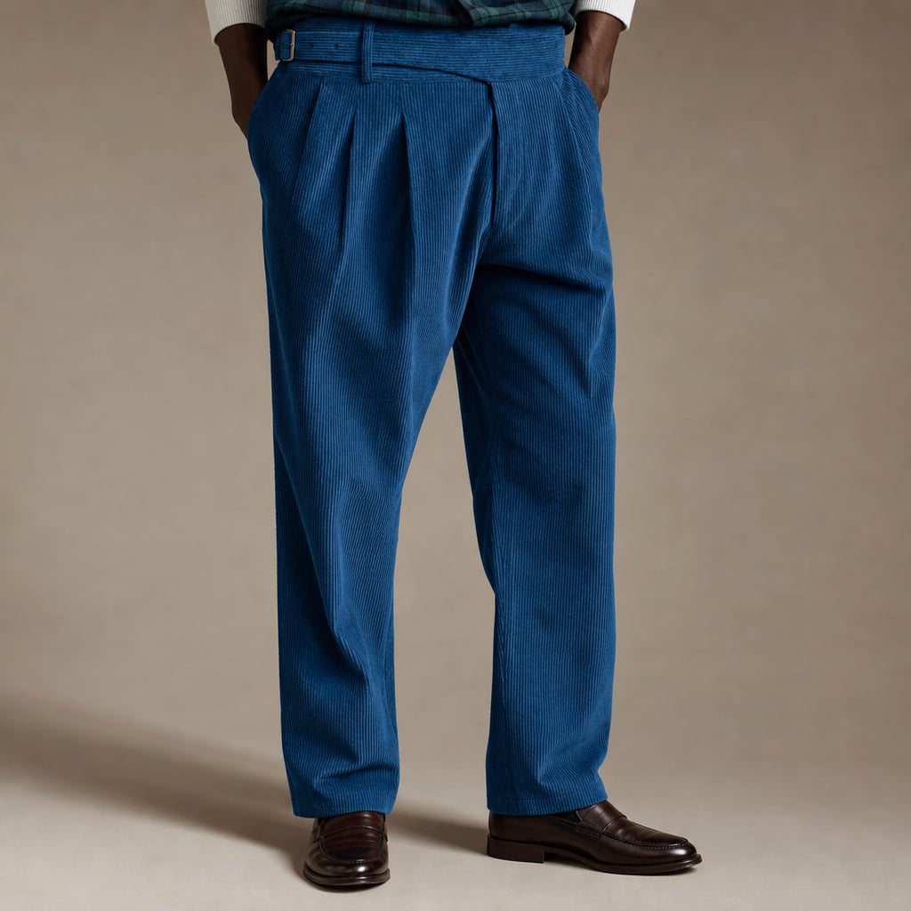 Corduroy Pants Gurkha Double Pleat Side Tab Waistband Cobalt Blue – Product Photo