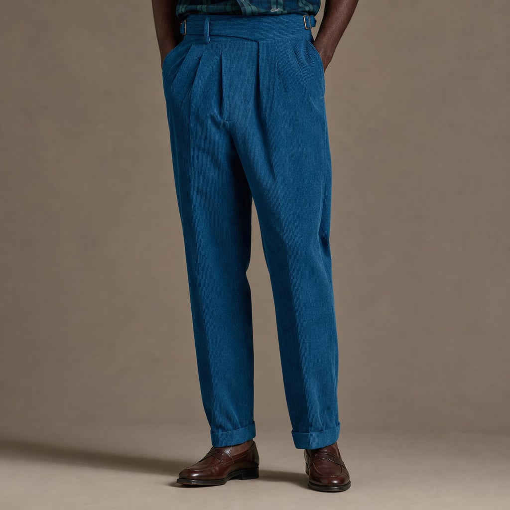 Corduroy Pants Gurkha Double Pleat Side Tab Waistband in Cobalt Blue – Tarlano Premium Menswear