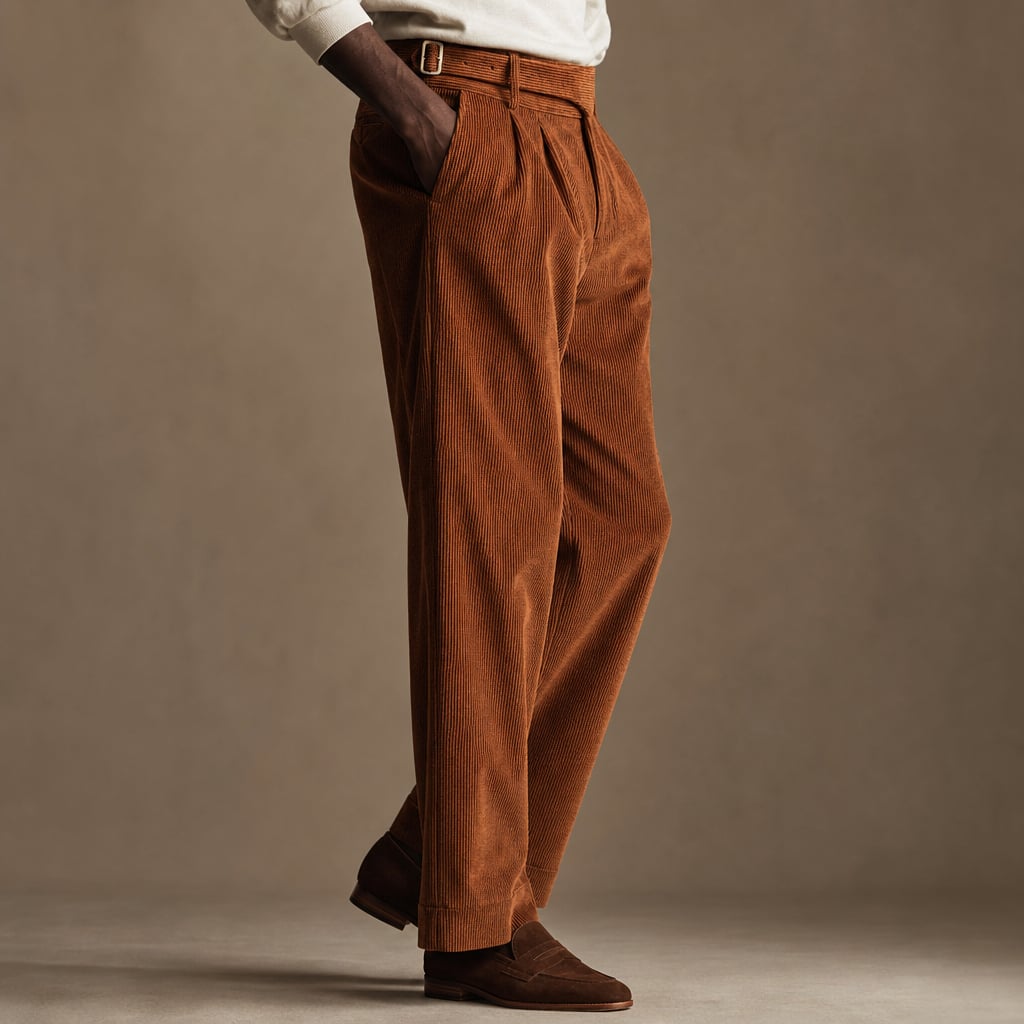 Corduroy Pants Gurkha Double Pleat Side Tab Waistband Cognac Brown – Side Angle View