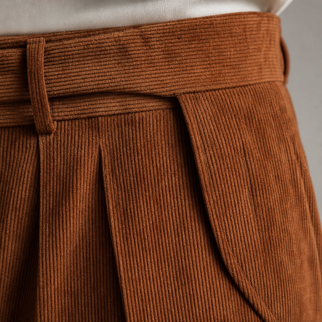 Corduroy Pants Gurkha Double Pleat Side Tab Waistband Cognac Brown – Fabric and Detail Close-Up