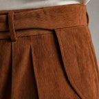 Corduroy Pants Gurkha Double Pleat Side Tab Waistband Cognac Brown – Fabric and Detail Close-Up