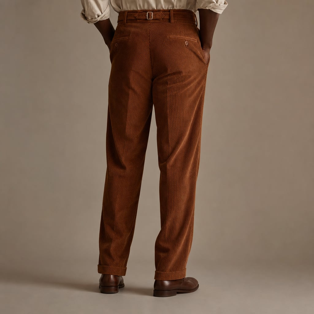 Corduroy Pants Gurkha Double Pleat Side Tab Waistband Cognac Brown – Full Look