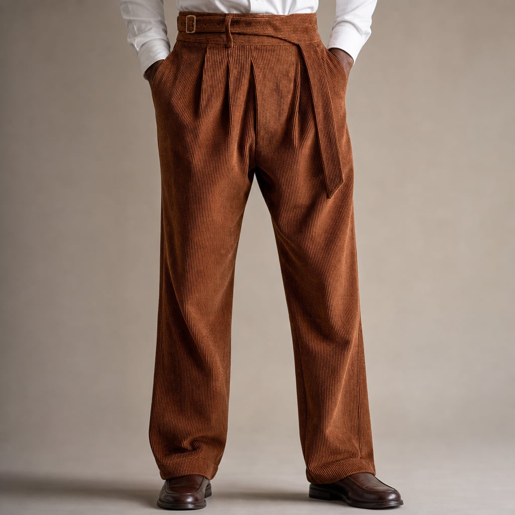 Corduroy Pants Gurkha Double Pleat Side Tab Waistband Cognac Brown – Product Photo